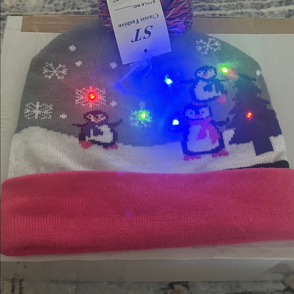 Kids' Pink and Gray Penguin Beanie, with lights NWT - Picture 5 of 5